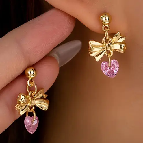 Gold Bow Drop Earrings with Pink Heart Crystals Cute Coquette Jewelry NWT