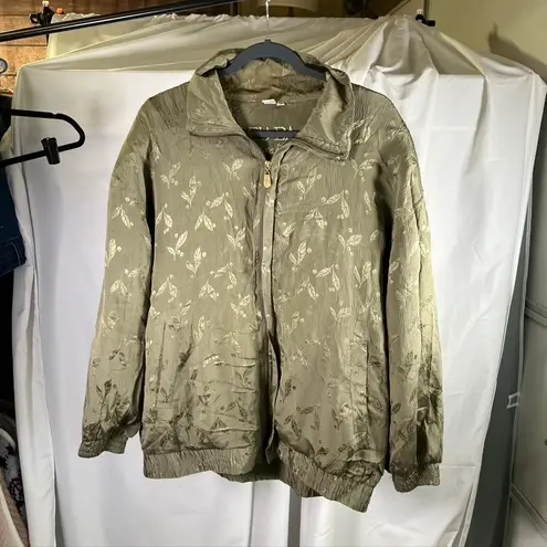 FU DA International Womens Bomber Jacket 2X Olive Green Silk Floral Full Zip Green Size XXL
