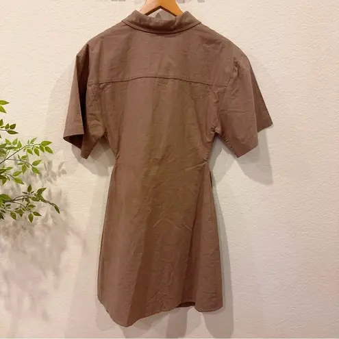 Moon River Short Sleeve Button Front Cut-out Shirred Shirt Mini Dress in Mocha