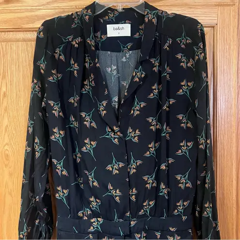 Ba&sh Fady Noir Floral Print Crossover V-Neck Viscose Jumpsuit Black US Size 8