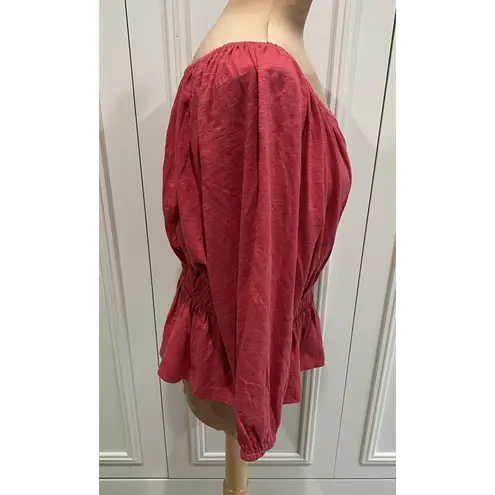 Marine layer Christiana Knit Long Sleeve Shirred Cotton Top Berry Peplum Peasant