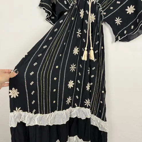 Zury Black White Embroidered Boho Maxi Dress Festival Peasant Tiered Flowy Size M