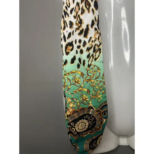 Leopard Baroque Satin Scarf Womens One Size Green Gold Skinny Rectangle Wrap