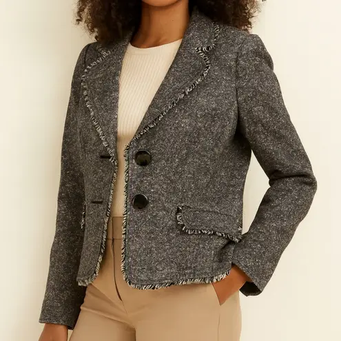 Caslon Womens Silk Wool Fringe Gray Button Blazer Jacket sz 10 career academia