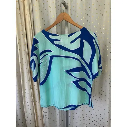 Nahe Wahine Hawaiian Watercolor Batik Mint Blue Flowy Cold Shoulder Blouse XS