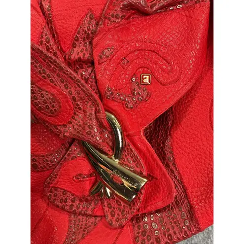 Vintage 1980s Alentino NAS Red Leather Snake Overlay Shoulder Bag Gold Clasp GVC