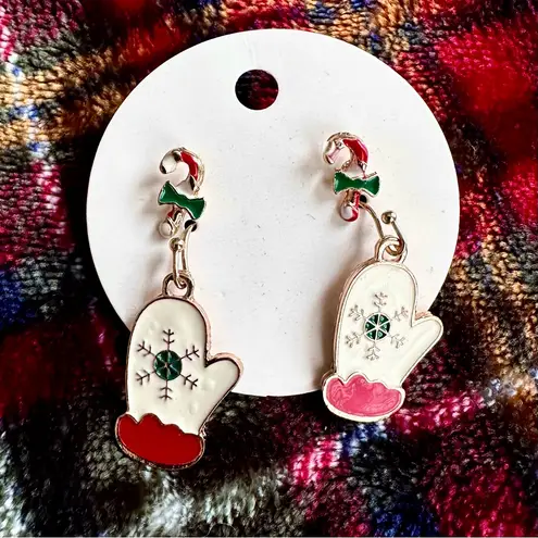 Holiday Earrings with Trees Mittens Candy Canes Stars Red