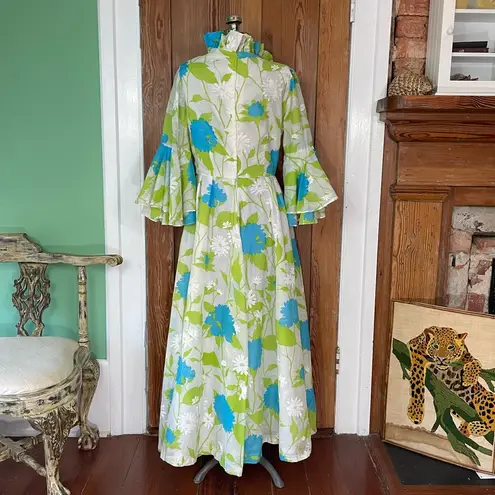 Vintage Handmade Romantic Maxi Dress Ruffle Neck Bell Sleeves Bird Appliqué ~M Blue Size M