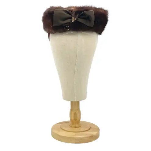 Vintage 1950s Anne’s San Carlos Mink Fur Pillbox Hat Brown Bow Detail Classic