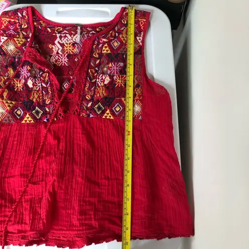 Free People  Lohri Red Embroidered bohemian tank top with key hole tie tassels