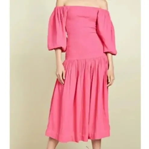 RHODE Harper Smocked Off‎ Shoulder Puff Sleeve Hot Pink Midi Dress Gauze Cotton