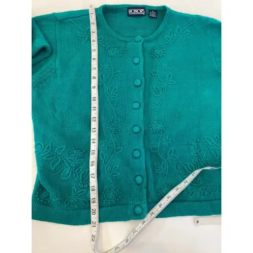 Vintage Floral Embroidered Teal Cardigan Sweater EUC Sz M Button Down Knitted Size M