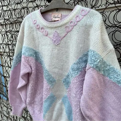 Jaclyn Smith Vintage 90s Jacqueline Smith pastel chenille chunky knit diamond print sweater