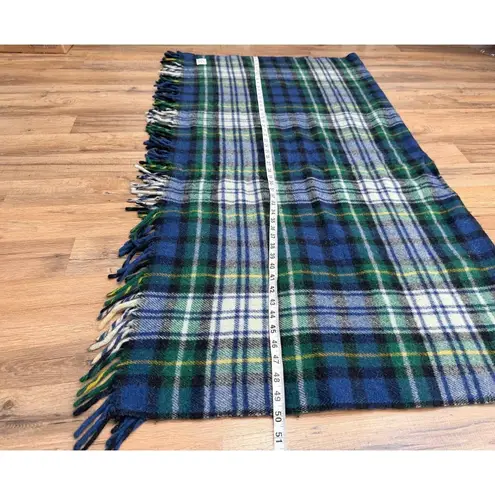 Faribo 100% Wool Tartan Plaid Fringe Blanket Throw Blue Green Vintage USA