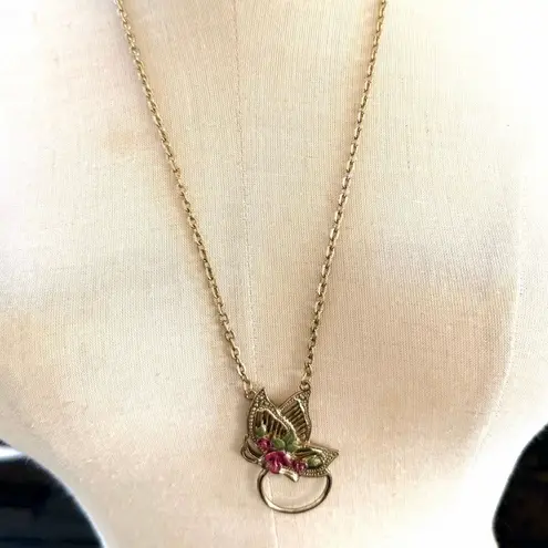 1928 Jewelry Floral Butterfly Pendant Necklace with Ring Holder Loop