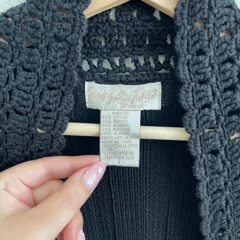 Baby Phat Vintage Y2K Black Crochet Bell Sleeve Open Drape Cropped Cardigan