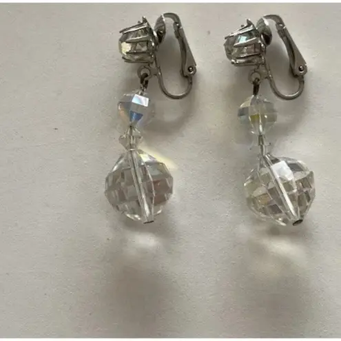 Vintage Clear Aurora Borealis Faceted AB Crystal Beaded Dangle Earrings Quality Silver