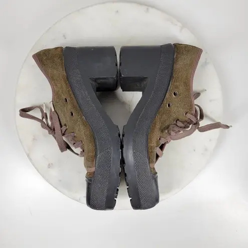 No Parking Oxford Heels Womens 8.5 Green Suede Lace up Utility Chunky Platform