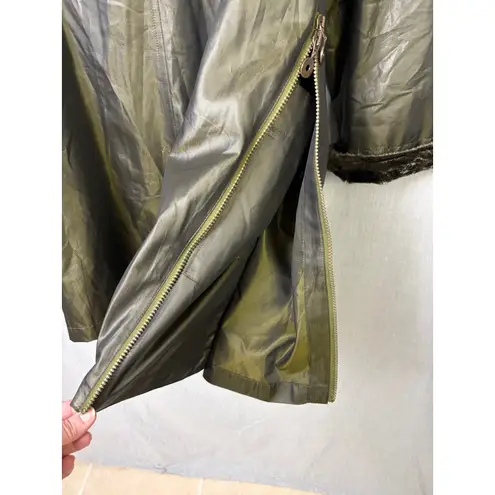 Wille Germany Metallic Olive Cocoon Coat Faux Fur Collar Oversized 16 XL Green