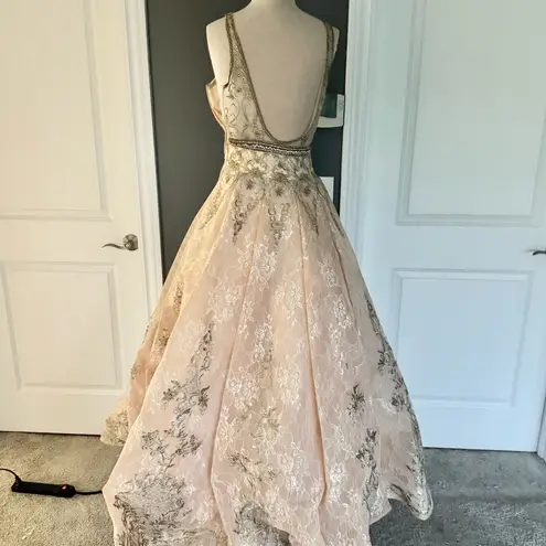 Mac Duggal Blush Champagne Lace Rhinestone Bling Gown Wedding Dress 50525D