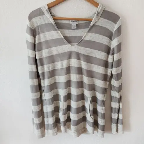 Chico's  Striped Hooded V Neck Lightweight Shirt Top Tan Gray Size 1 Linen Blend