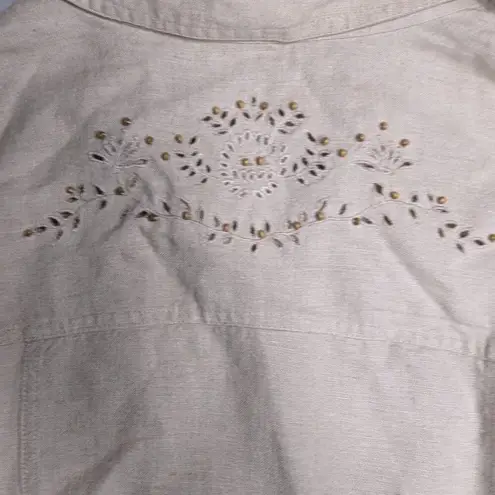Vtg Y2K Charter Club Beige 100% Linen Embellished Button Up Shirt Jacket 2X Tan