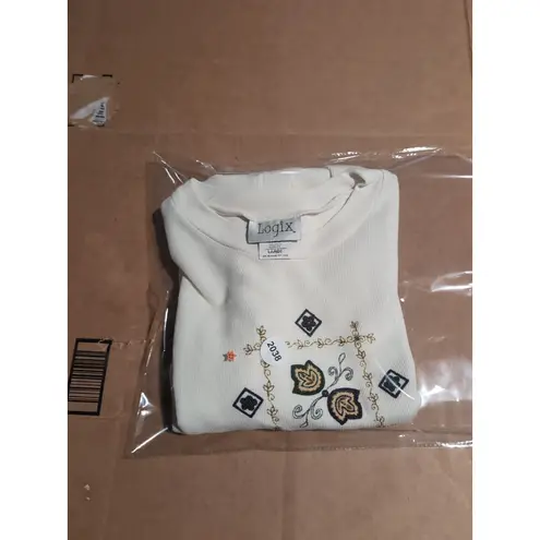 Logix Women's Large Sweater, Vintage Floral Embroidered Beaded Sweater, Flower White Size 12