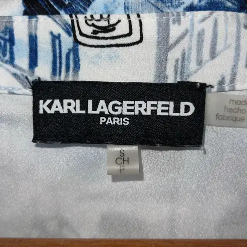 Karl Lagerfeld PARIS Printed Long Roll-Tab Sleeve Collared Button Up Top Small - Image 7