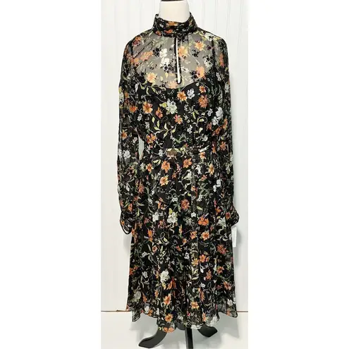 Mikael Aghal Floral Mock Neck‎ Dress Long Sleeve Knee Length Black Multi Size 12