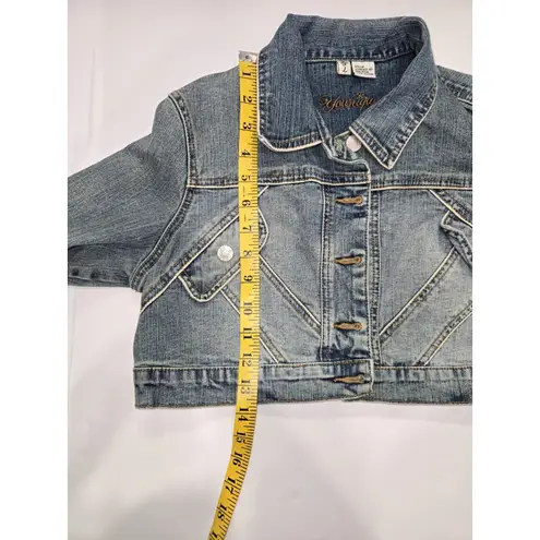 Younique Women's Cropped Denim Jacket Size L Distressed Y2K Style Blue Size L