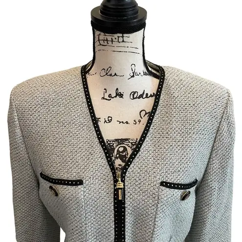 St. John Collection Tweed Knit Blazer Jacket Blue Size 12 zip formal luxury