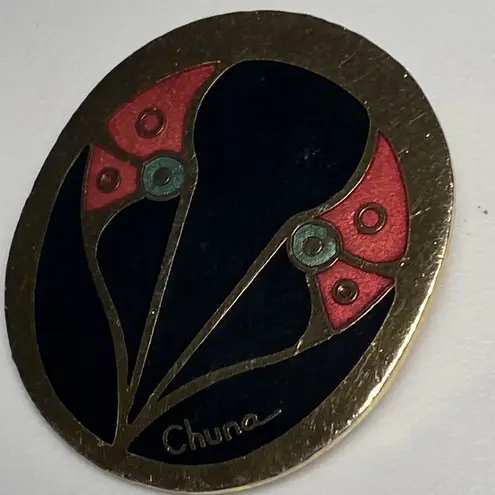 Vintage Signed Chuna Cloisonné Pin Gold
