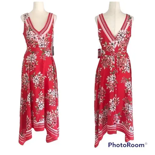 Vince Camuto  Red Floral Print Sleeveless Handkerchief Hem Midi Dress Size 4 New‎