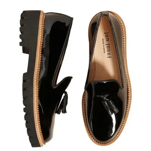 Jon Josef Black Patent Leather Tassel Loafers Lug Sole Chunky Platform Shoes Size 5