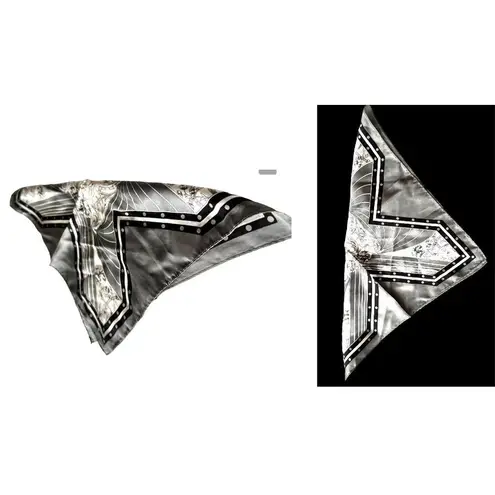 Vintage Neck Scarf Silver Black Floral Art Deco Hand Rolled Hem Korea Co…