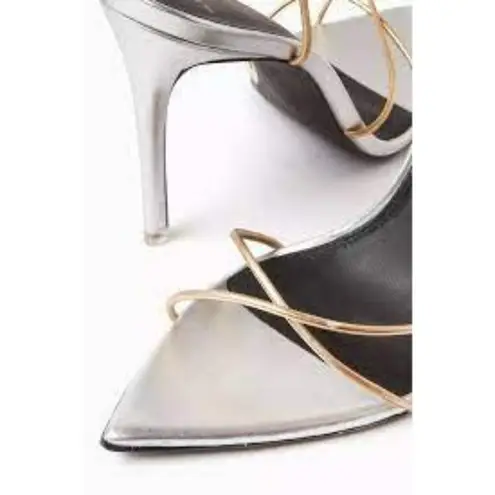 Black Suede Studio Talia Heel Pointy Sandal in Silver Gold 39 New with Box Women Size 8