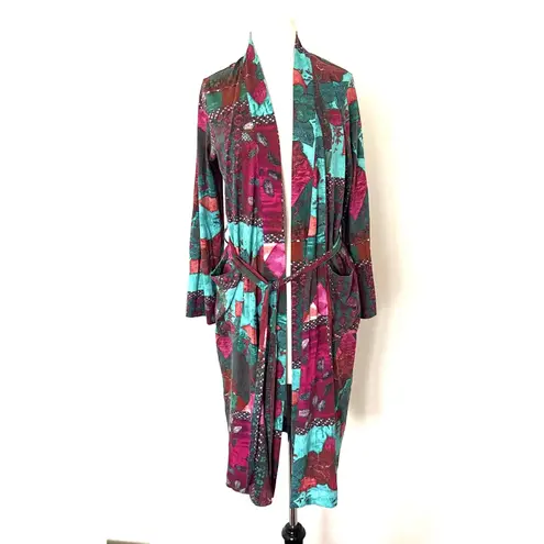 Peruvian Connection Plum Blossom Turquoise Patchwork Artisan Boho Robe Sz S - Image 2