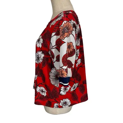 Warm NY Floral Top with Contrast Striped Rib Trim Blue Size M