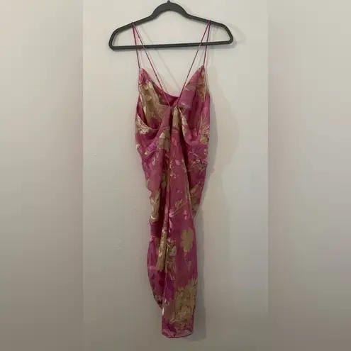 Samsoe Samsoe Pink Kirigami Floral Dapples Ruched Satin Burnout Dress NWT Large