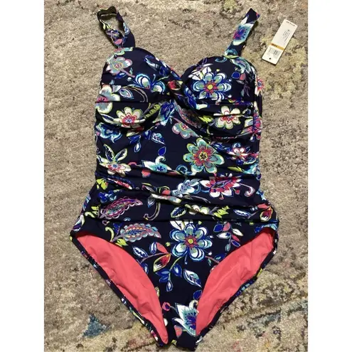 Anne cole New. Navy floral bandeau swimsuit. 16W