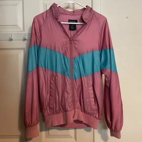 Womens Duckster Vintage Windbreaker Jacket Coat Hood Light Pink Blue Size Medium
