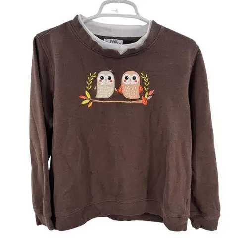 Rebecca Malone Brown Sweatshirt embroidered Owl Design collar neutral M fall