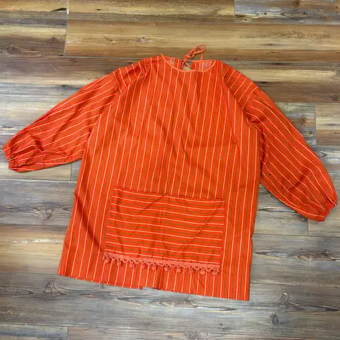 Vintage 60s/70s Stripe Balloon Sleeve Pom Pom Smock Top Orange