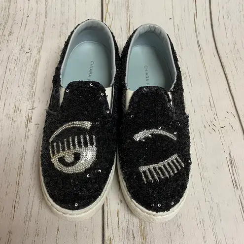 Chiara Ferragni Flirting Sequin Slip On Skate Sneaker Black Size 6.5