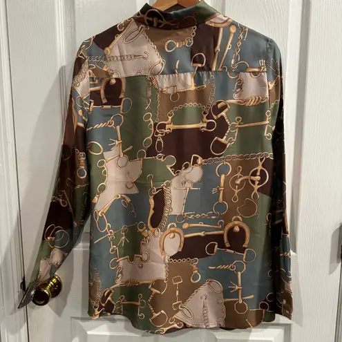 J. McLaughlin Silk Blend Equestrian Print Button Down Blouse Green Brown Small