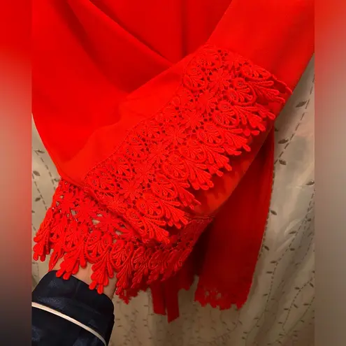 C. Luce Midi Dress, Crochet Lace, 3/4 Bell Sleeve, V-neck, Belt, Poppy, Sz L