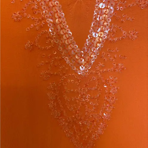Itsu Silk Bright Orange Embellished Coastal Vacation Resortwear Blouse Top L Size 8