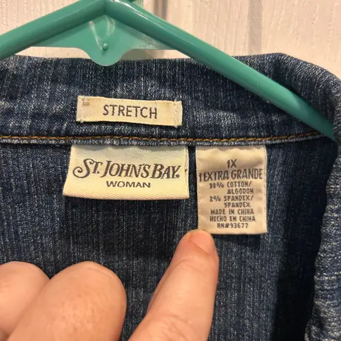 St Johns Bay Women's 1X Denim Blazer Chore Jacket Stretch Dark Wash Plus Size Blue