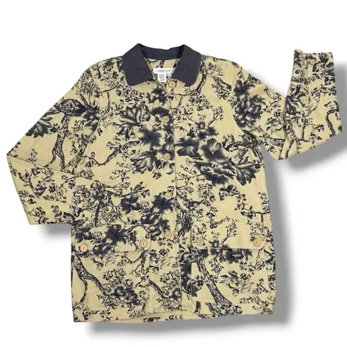 Coldwater Creek Linen Blend Floral Toile Print Chore Jacket Tan Blue Small