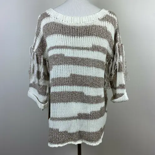 Sloane Rouge Sweater XS Fringe 3/4 Sleeve Wool Blend Striped Open Knit White